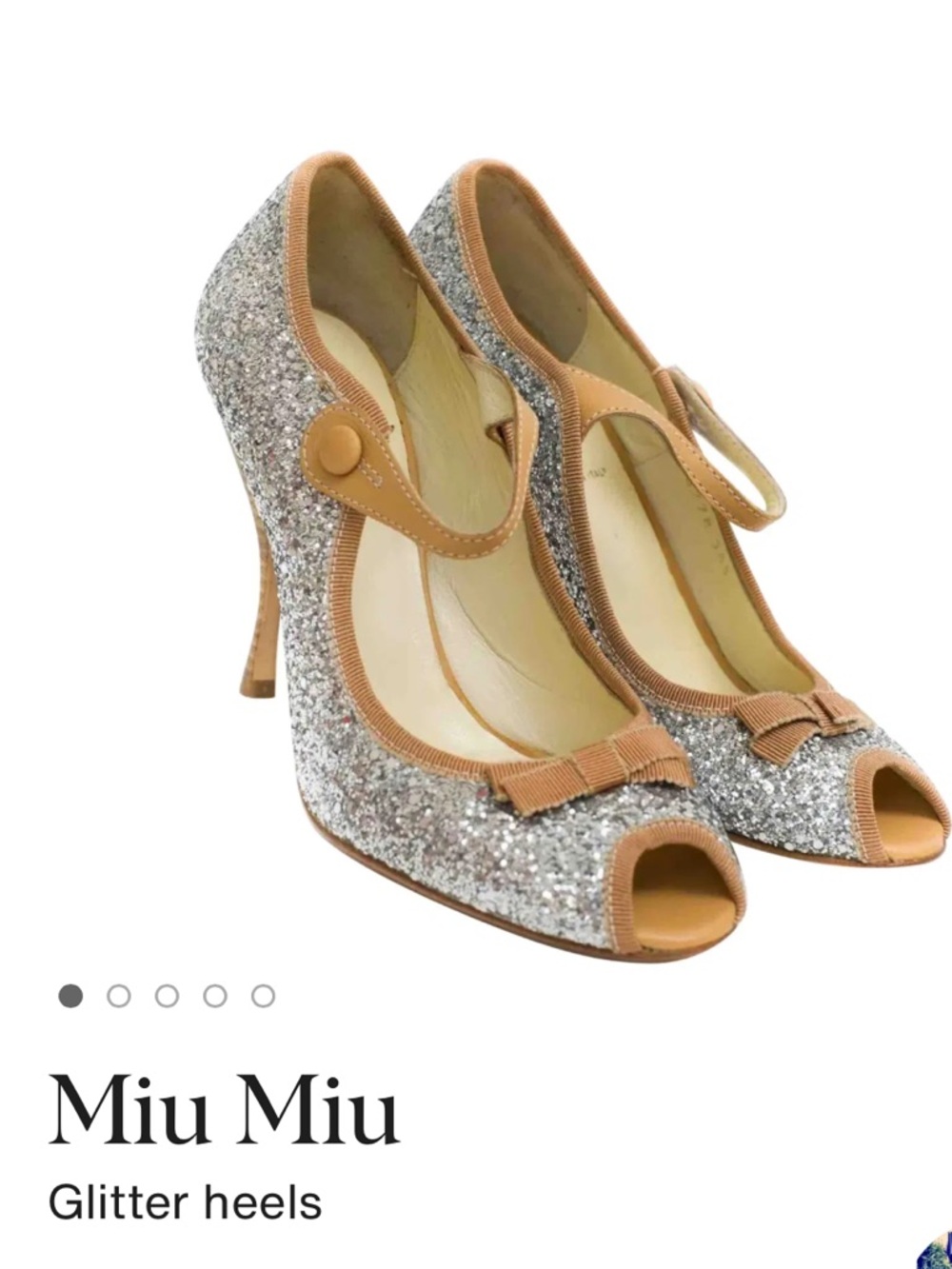 Miu Miu Silver Glitter Peep-Toe Mary Jane Heels with Tan Trim